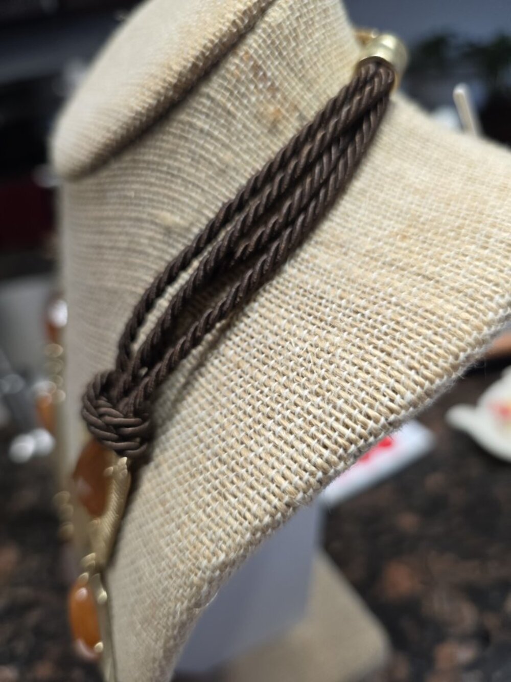 Chicos Statement Necklace Amber Color Acrylic Stones Gold Tone Brown Woven Cord - Picture 7 of 8